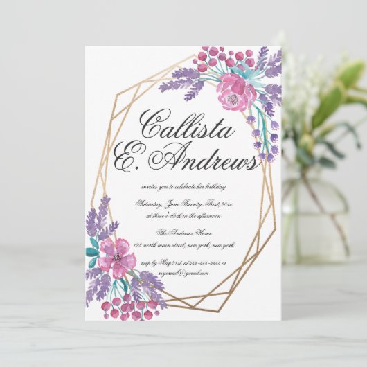 花エレガント金ゴールドテラリウム水彩誕生日 招待状 (スタンド正面)