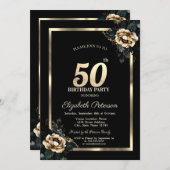 花エレガント金ゴールドフレームブラック50誕生日 招待状 (正面/裏面)