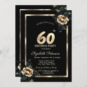 花エレガント金ゴールドフレームブラック60誕生日 招待状 (正面/裏面)