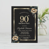 花エレガント金ゴールドフレームブラック90誕生日 招待状 (スタンド正面)