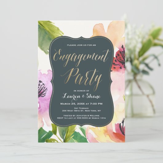 花エレガント金ゴールド婚約パーティ招待状 招待状 (スタンド正面)