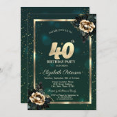 花エレガント金ゴールド枠スターズグリーン40th 招待状 (正面/裏面)
