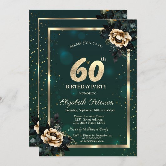 花エレガント金ゴールド枠スターズグリーン60th 招待状 (正面/裏面)