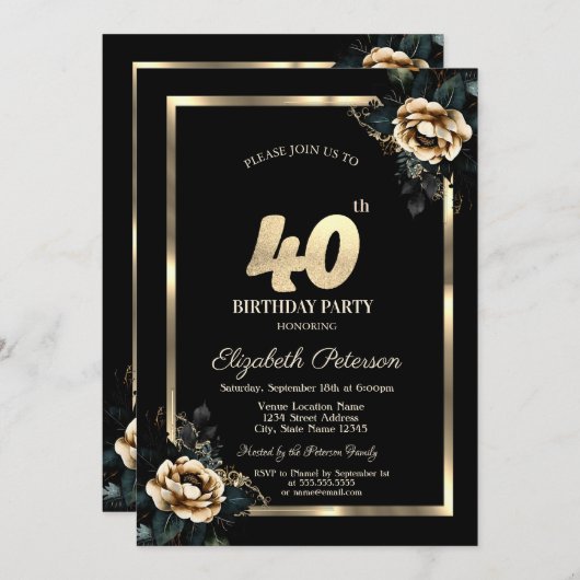 花エレガント金ゴールド枠ブラック40歳の誕生日 招待状 (正面/裏面)