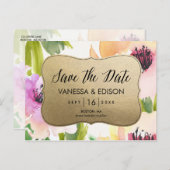 花エレガント金ゴールド | セーブザデート 案内ポストカード (正面/裏面)