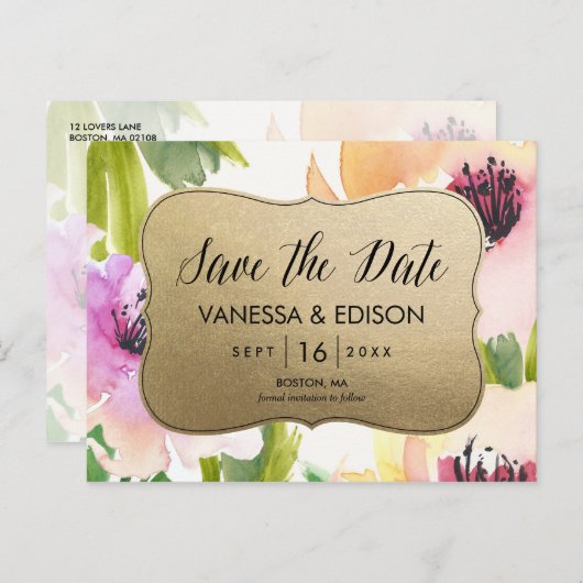 花エレガント金ゴールド | セーブザデート 案内ポストカード (正面/裏面)