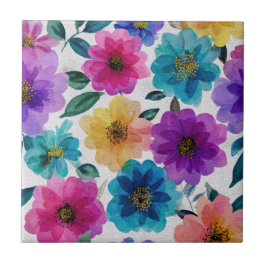 花エレガント鮮やか咲き水彩フローラ タイル
