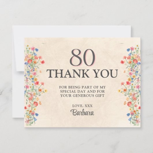 花エレガント80年パーティーフローラ80誕生日 サンキューカード (正面)