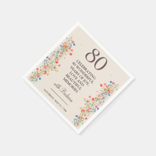 花エレガント80年パーティーフローラ80誕生日 スタンダードカクテルナプキン (角)