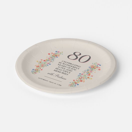 花エレガント80年パーティーフローラ80誕生日 ペーパープレート (アングル)