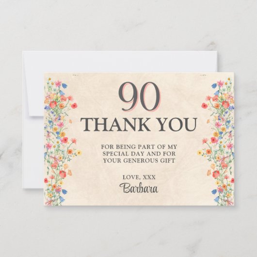 花エレガント90年パーティーフローラ90誕生日 サンキューカード (正面)