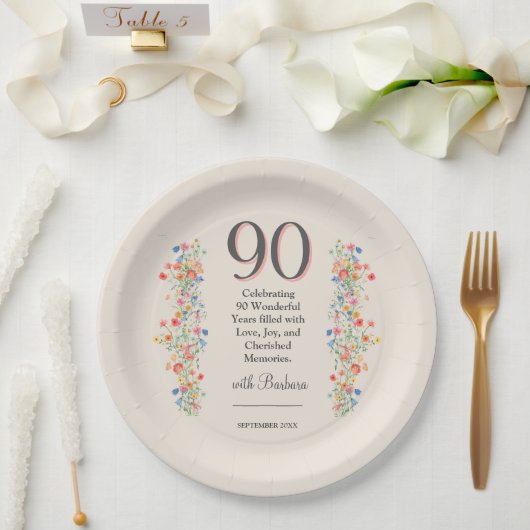 花エレガント90年パーティーフローラ90誕生日 ペーパープレート (ウェディング)
