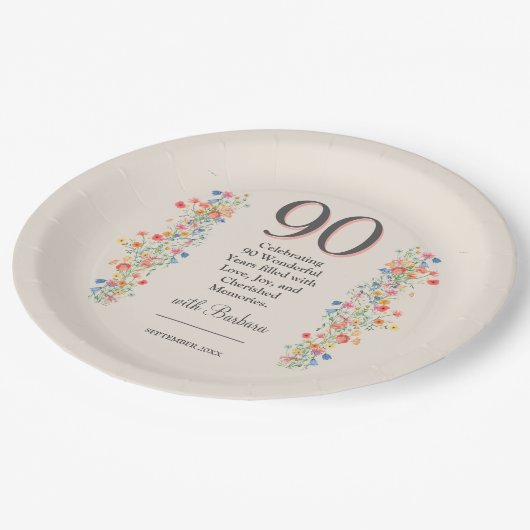 花エレガント90年パーティーフローラ90誕生日 ペーパープレート (アングル)