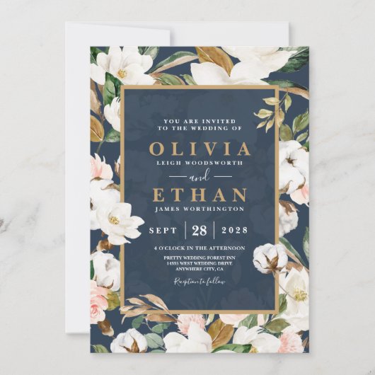 花エレガント マグノリア ブラッシュ ネイビー ニュートラル 招待状 (正面)