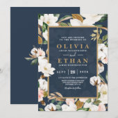 花エレガント マグノリア ブラッシュ ネイビー ニュートラル 招待状 (正面/裏面)