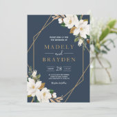 花エレガント マグノリア ブラッシュ ネイビー ニュートラル 招待状 (スタンド正面)