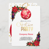 花エレガント、魔法のクリスマスレッドオーナメント 招待状 (正面/裏面)
