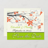 花オレンジのライムグリーン結婚式を保存する日付 案内ポストカード (正面/裏面)