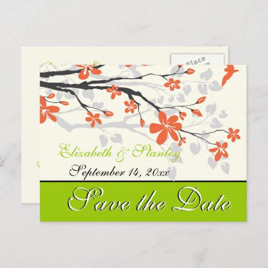 花オレンジのライムグリーン結婚式を保存する日付 案内ポストカード (正面/裏面)
