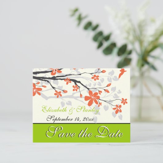 花オレンジのライムグリーン結婚式を保存する日付 案内ポストカード (スタンド正面)