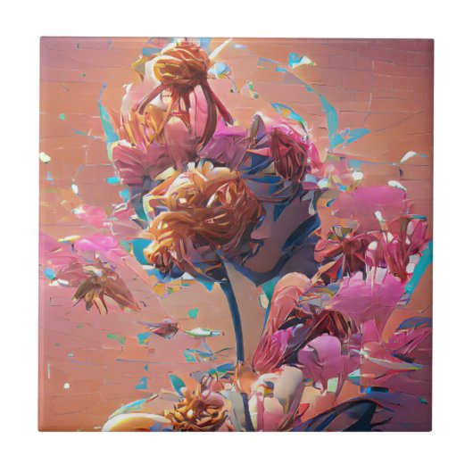 花オレンジピンクデジタルアート タイル (正面)