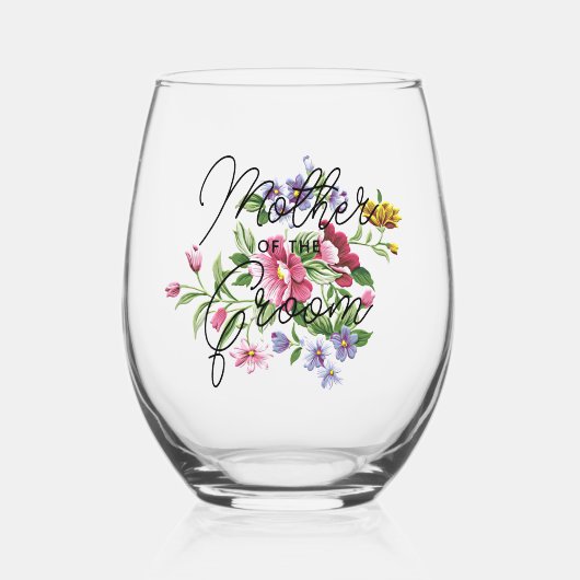 花カスタムの花束の上の新郎文字の母 ステムなしワイングラス (正面)