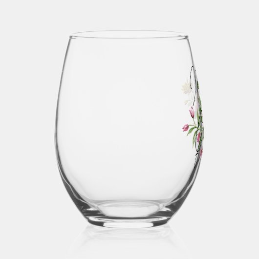 花カスタムの花束の上の新郎文字の母 ステムなしワイングラス (右)