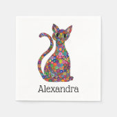 花カラフルお洒落モザイク猫モノグラム名 スタンダードカクテルナプキン (正面)
