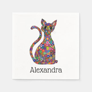 花カラフルお洒落モザイク猫モノグラム名 スタンダードカクテルナプキン