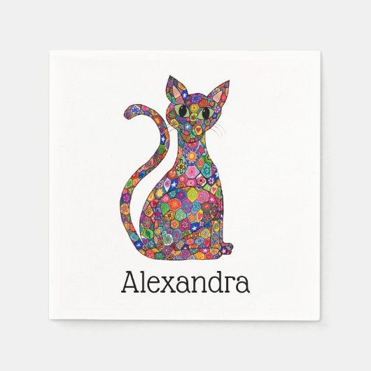 花カラフルお洒落モザイク猫モノグラム名 スタンダードカクテルナプキン (正面)