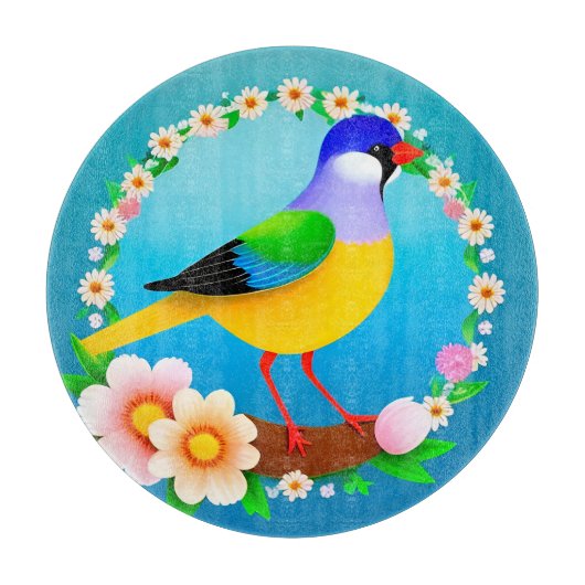 花カラフルで囲まれた枝鳥 カッティングボード (正面)