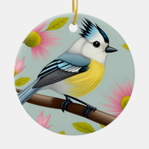 花カラフルで囲まれた枝鳥 セラミックオーナメント