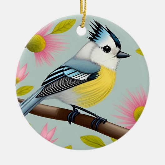 花カラフルで囲まれた枝鳥 セラミックオーナメント (正面)