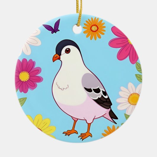 花カラフルで囲まれた枝鳥 セラミックオーナメント (正面)
