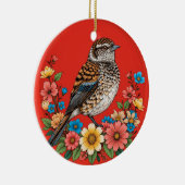 花カラフルで囲まれた枝鳥 セラミックオーナメント (右)
