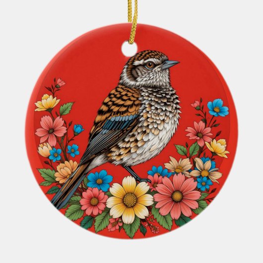 花カラフルで囲まれた枝鳥 セラミックオーナメント (正面)