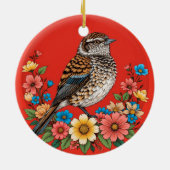 花カラフルで囲まれた枝鳥 セラミックオーナメント (裏面)