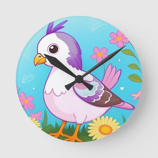 花カラフルで囲まれた枝鳥 ラウンド壁時計 (正面)