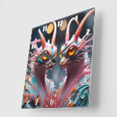 花カラフルで描かれた多関節のドラゴン彫刻 スクエア壁時計 (傾斜)