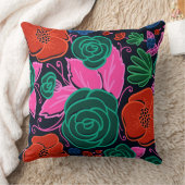 花カラフルとバラ – ピンク緑と黒 クッション (ブランケット)