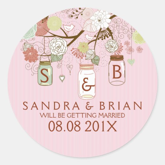 花カラフルとピンクストライプのぶら下がったメイスンの瓶 ラウンドシール (正面)