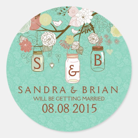 花カラフルとミントぶら下がったグリーンのメイスン・ジャー ラウンドシール (正面)