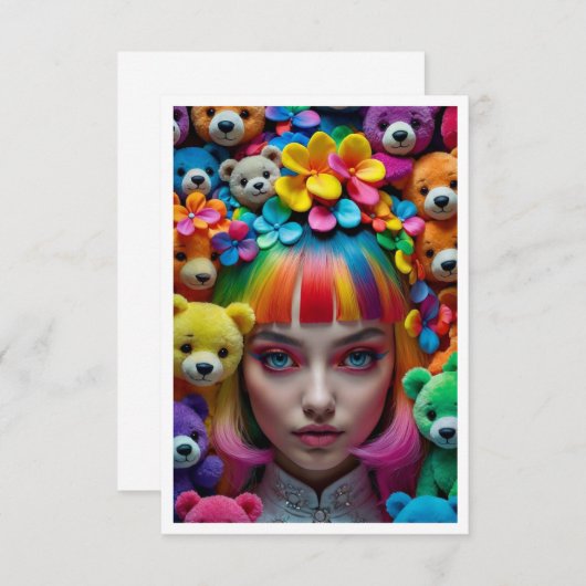 花カラフルと熊が咲く虹のアニメ少女 サンキューカード (正面/裏面)