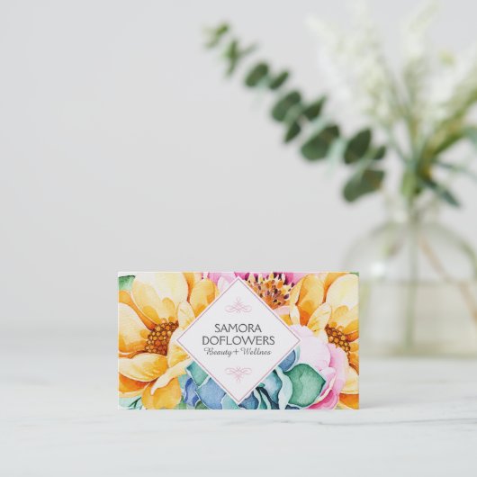 花カラフルと緑サボテンの水彩色 名刺 (スタンド正面)