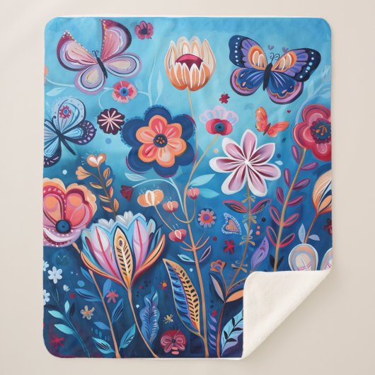 花カラフルと蝶シェルパブランケット シェルパブランケット (正面)