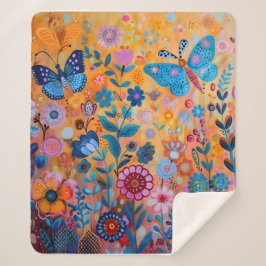 花カラフルと蝶シェルパブランケット シェルパブランケット
