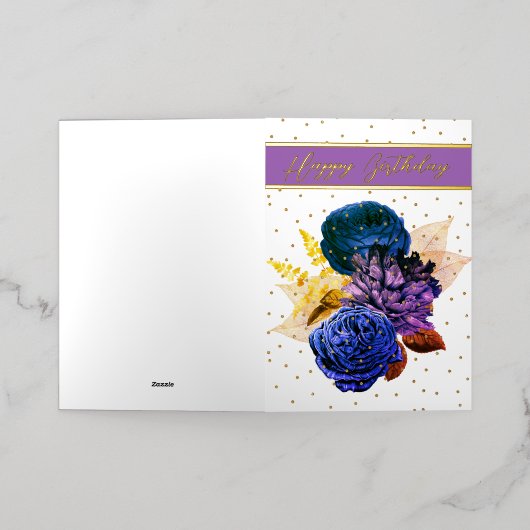 花カラフルと金ゴールドアクセント誕生日 箔グリーティングカード (外側レイダウン)