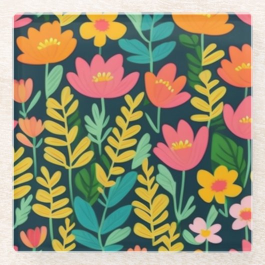 花カラフルと離れ花 ガラスコースター (正面)