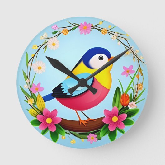 花カラフルに囲まれたリース ラウンド壁時計 (正面)