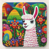 花カラフルに囲ま絵を描れたラマ コースター (正面)